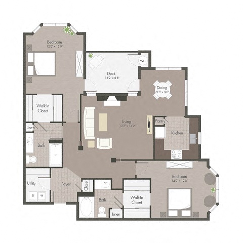 Floor plan for 2 beds, 2 baths, 1213 sqft